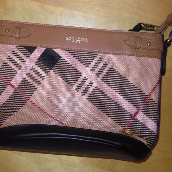 Spartina Pink & Black Plaid check Shoulder Hand Bag Purse Leather Linen NWT USA - Picture 11 of 12